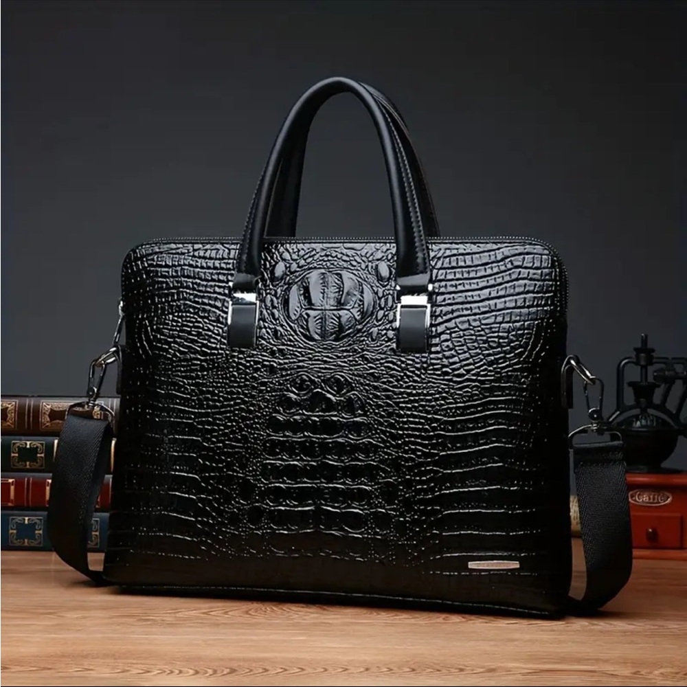Sophisticated Black Crocodile-Embossed Laptop Bag